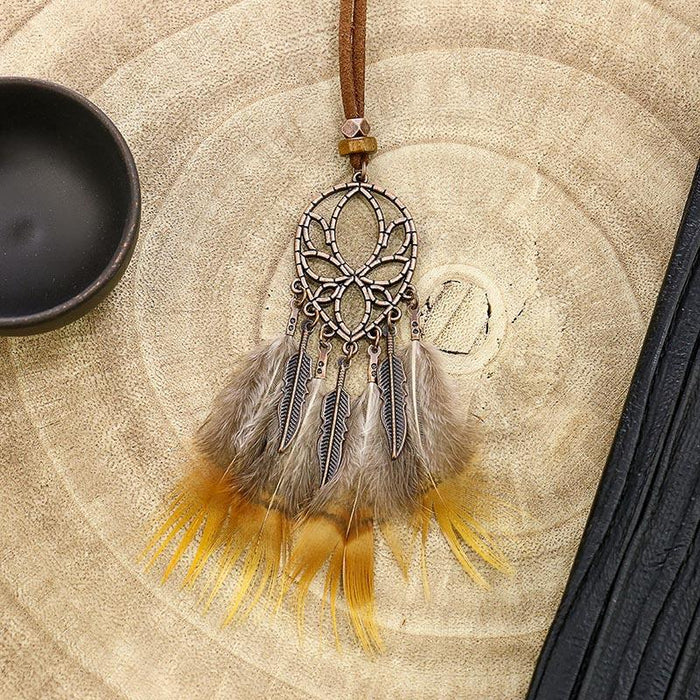 Boho Vintage Feather Tassel Dream Catcher Necklace