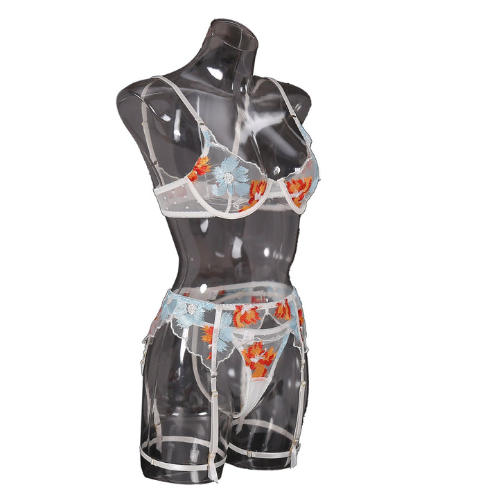 Women's Sexy Embroidered Mesh Garter Lingerie Set