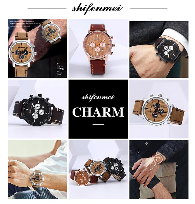 New Multifunctional Timing Fashion Sports Quartz Wood Watch Men