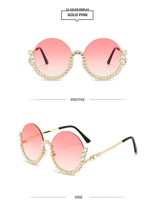 Round half frame metal Rhinestone Sunglasses