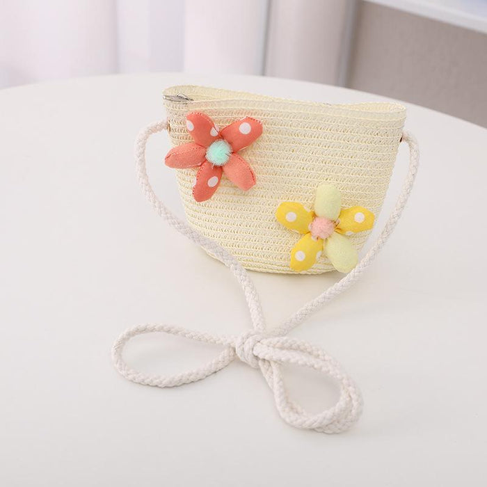 Summer Trendy Flower Streamer Children's Straw Hat Bag Set
