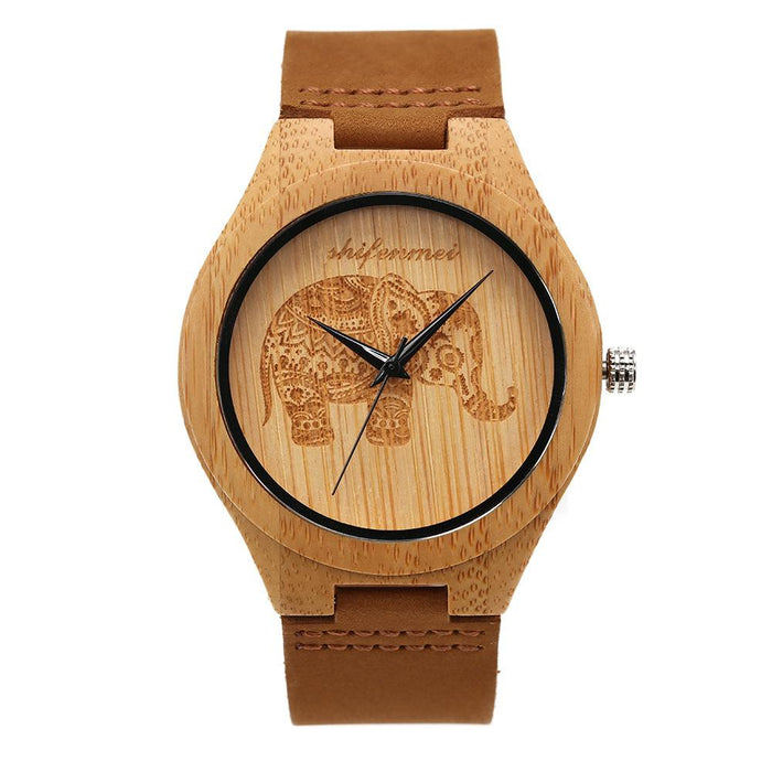 Men's Fashion Simple Bamboo Wood Watch Classic Leather Strap Quartz Watch