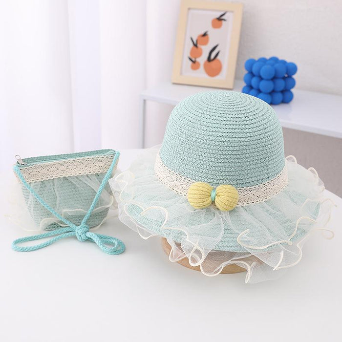 Summer Children's Lace Bow Grass Bucket Hat Bag Set