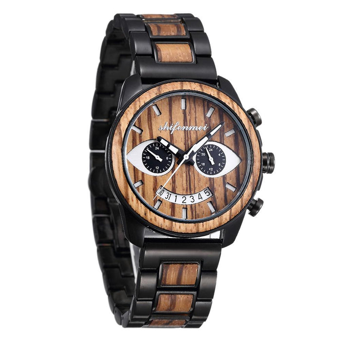 New Men's Wooden Fashion Smiling Face Steel Band Wristwatch