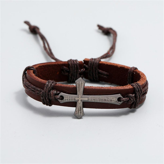 Handmade Christian Cross Leather Wristband Bracelet