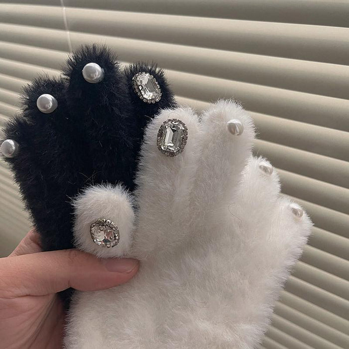 Rhinestone Pearl Warm Thickened Five Finger Gloves