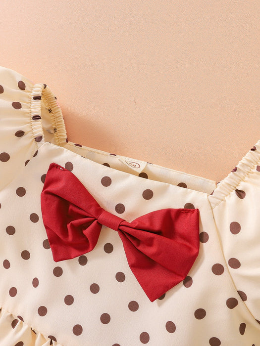 Wave point bubble sleeve bow Baby Dress