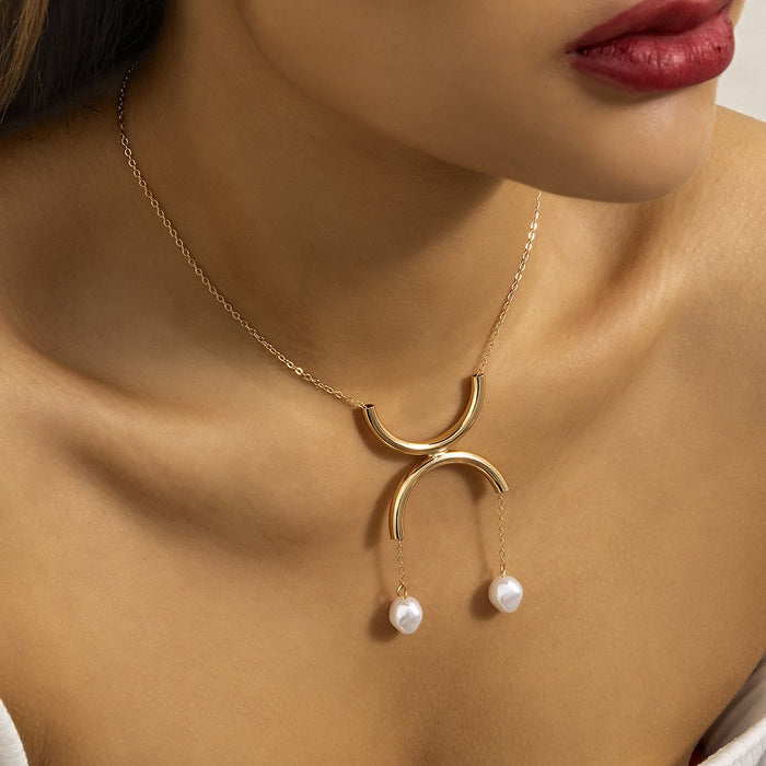 Geometric Semicircle Double Ring Imitation Pearl Tassel Pendant Clavicle Chain