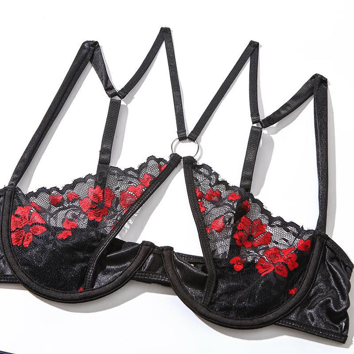 Women's Lace Mesh Embroidered Lingerie Pull Up Underwear Set