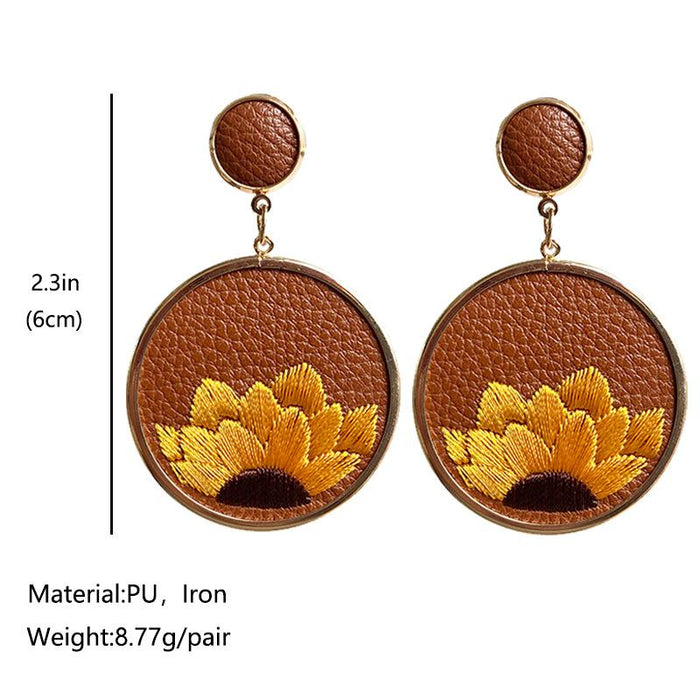 Leather Embroidered Sunflower Earrings
