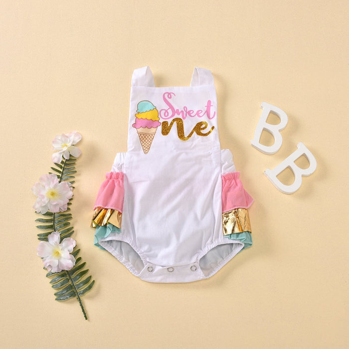 Suspender backless letter printed ice cream colour Jumpsuit
