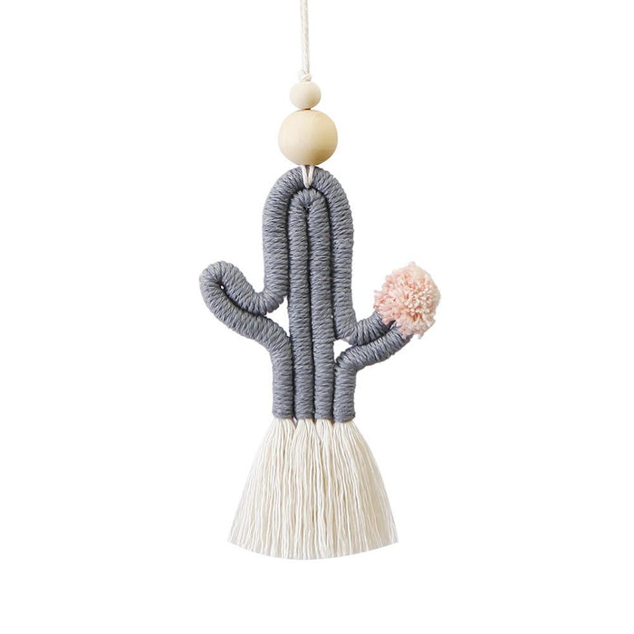 Hand Woven Cactus Pendant Cotton Rope Wood Bead Tassel Pendant