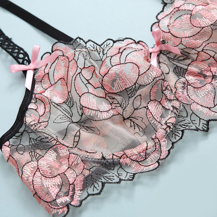 Women's Embroidered Underwear Three Piece Set Sexy Lingerie
