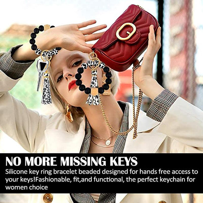 PU Leather Tassel Silicone Bead Bracelet Keychain