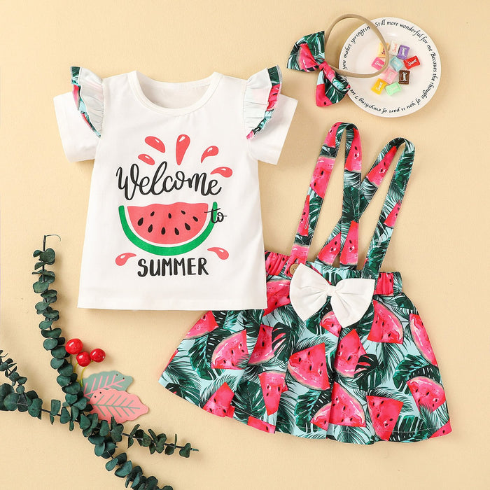 Seasonal strawberry full print strap skirt three pieces