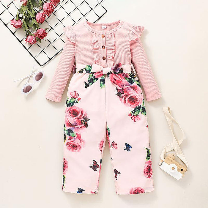 Baby Girls Printed Pink Long Sleeved Jumpsuit