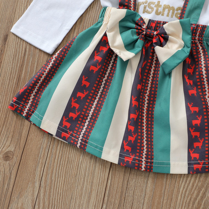 White letter deer long sleeved Khaki creeper striped suspender skirt