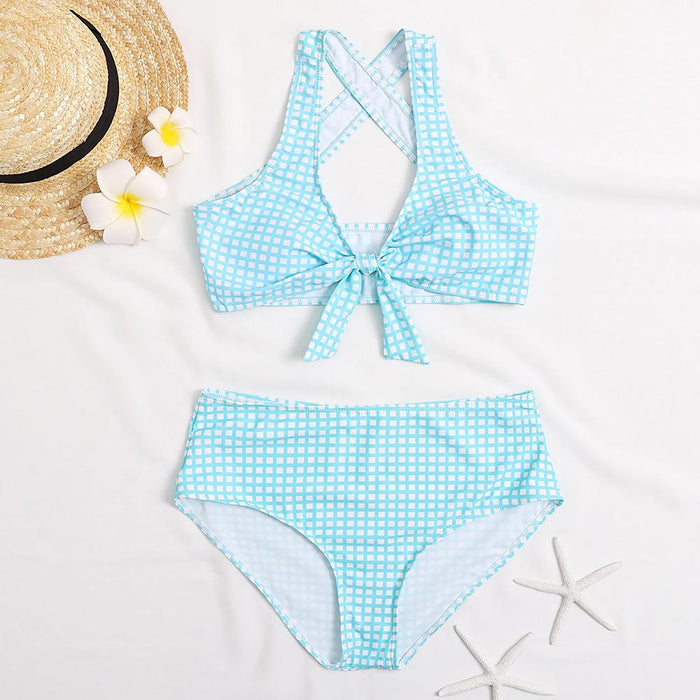 New Black and White Check Printed Split High Waist Bikini