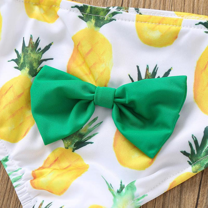 Girls' Cute Pineapple Suspender Split Swimsuit with Headband