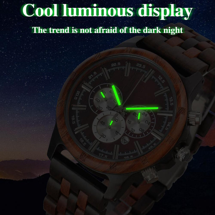 New Men's Multifunctional Business Luminous Large Dial Wood Quartz Watch