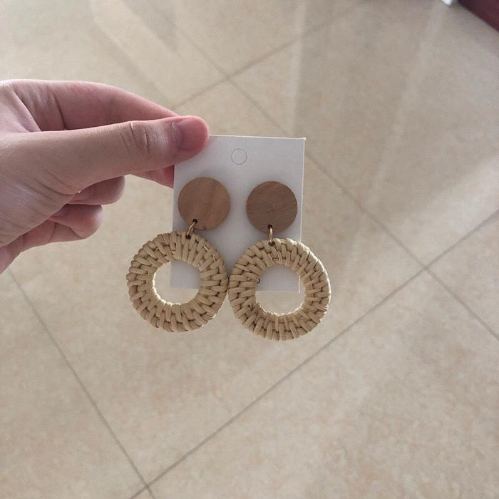 Geometric Circular Bamboo Rattan Woven Wooden Earrings