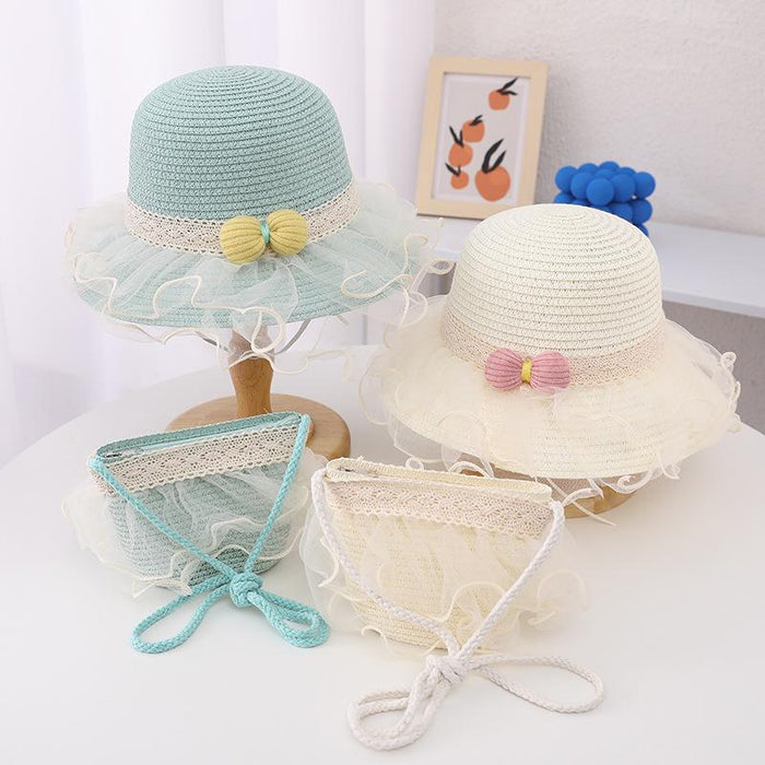 Summer Children's Lace Bow Grass Bucket Hat Bag Set