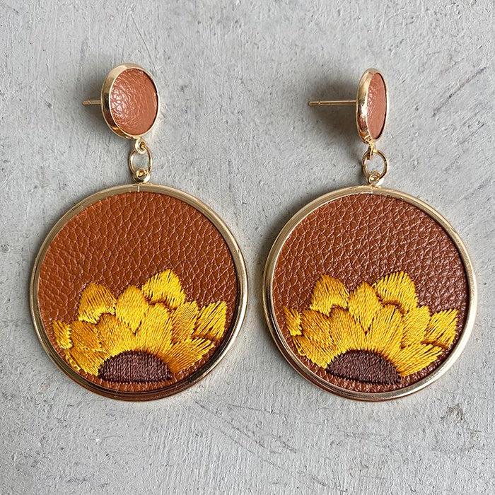 Leather Embroidered Sunflower Earrings