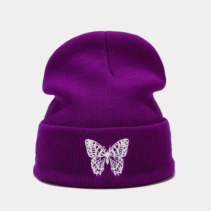 Knitted Beanies Hat Butterfly Embroidery Winter Warm Ski Hats