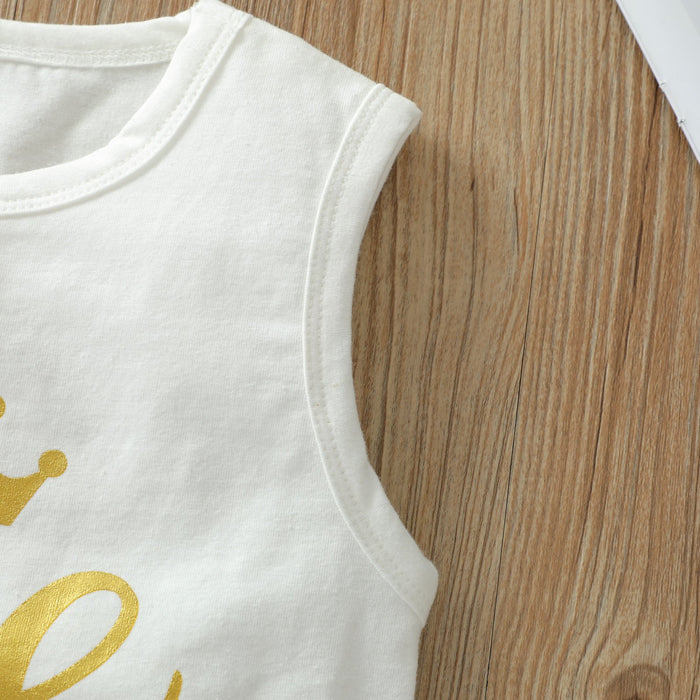 Solid color letter printed vest short shirt fashion stripe bow two piece set