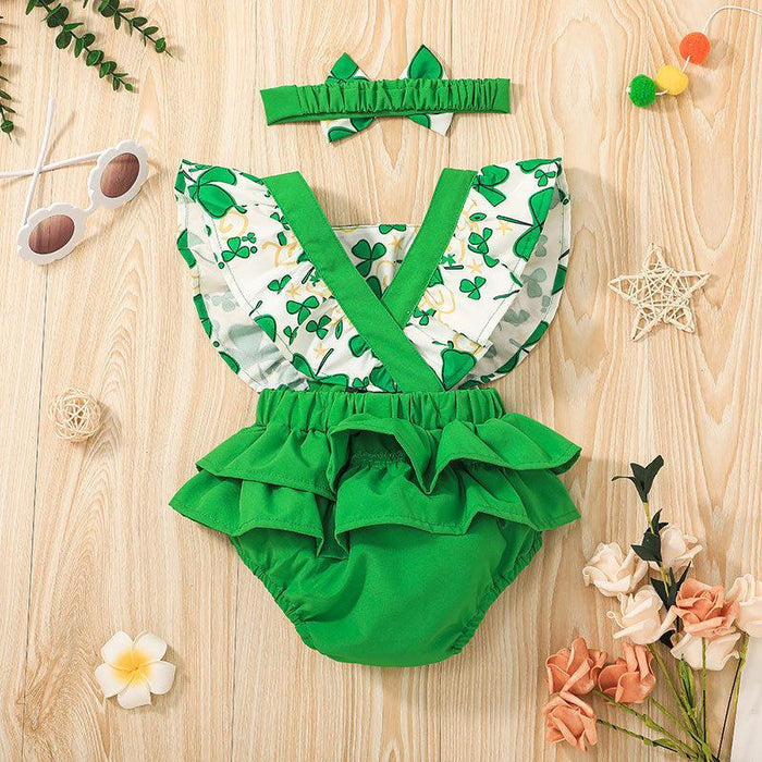 Baby Summer Green Leaves Jumpsuit Headband Set