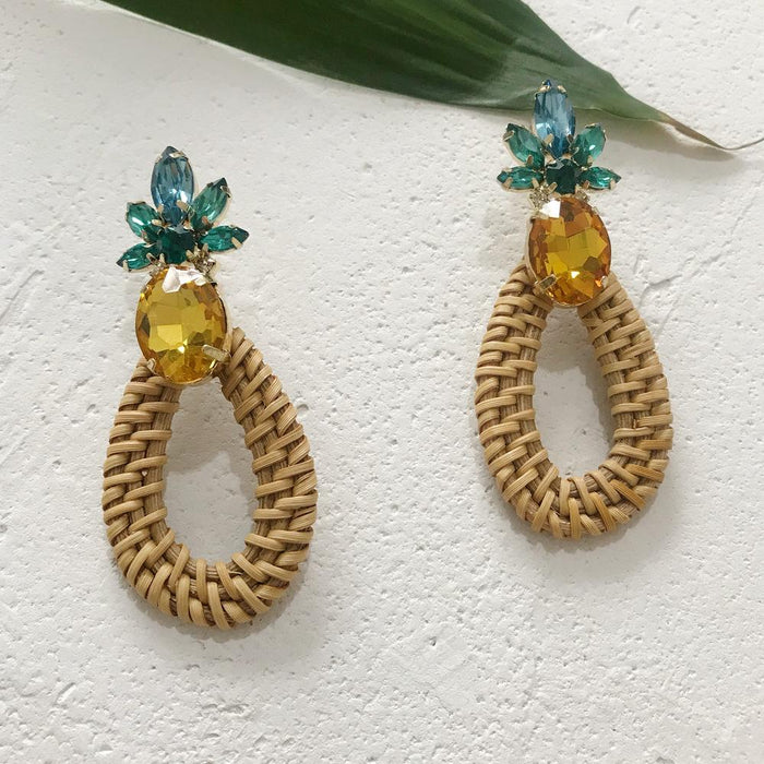 Geometric Round Rhinestone Fruit Pineapple Rattan Earrings