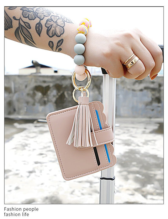 Silicone Leather PU Tassel Card Bag Bracelet Keychain