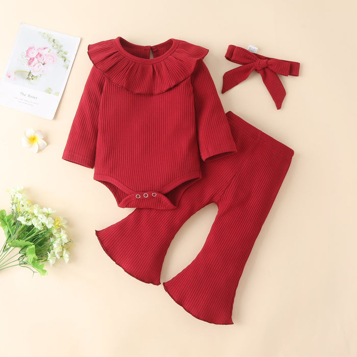 Infant solid color pit strip cotton long sleeved ruffled Khaki flared pants three piece set