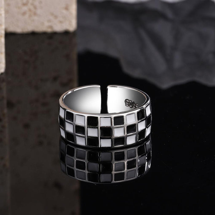 New Black and White Chessboard Geometric Opening Ring