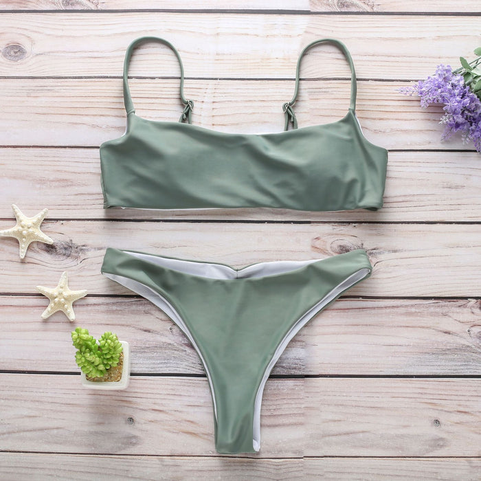 Pop Sexy Backless Split Suspender Solid Bikini Swimsuit