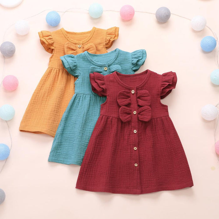 Cotton linen crepe small flying sleeve double bow stitched princess skirt