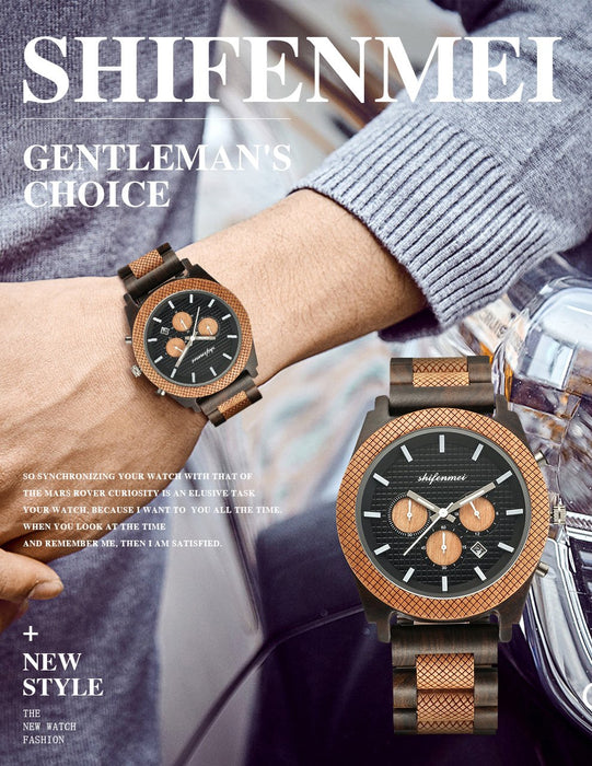 New Fashion Simple Men's Multifunctional Three Needle Wooden Watch