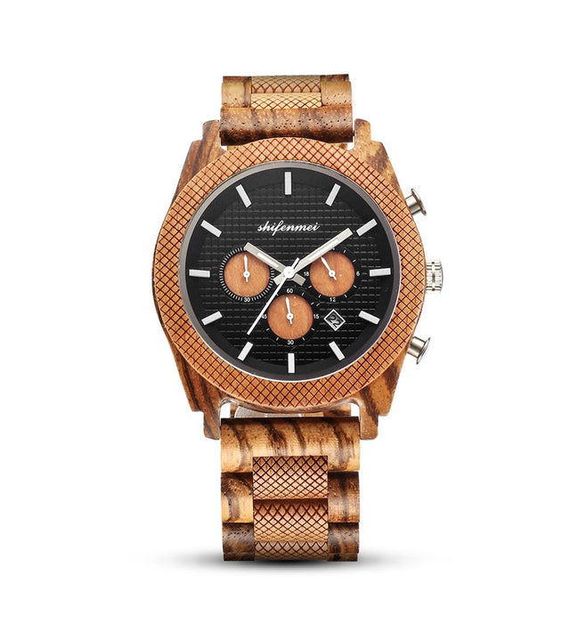 New Fashion Simple Men's Multifunctional Three Needle Wooden Watch