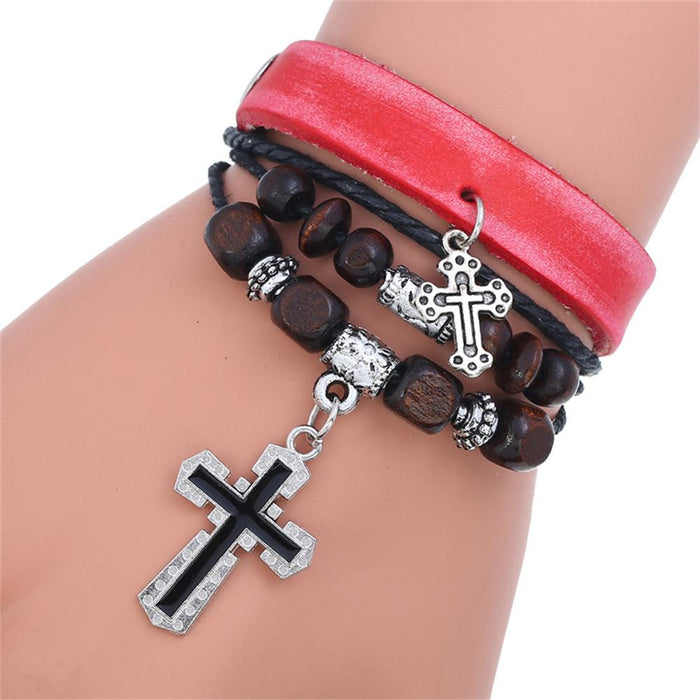 Handmade Christian Cross Leather Wristband Bracelet