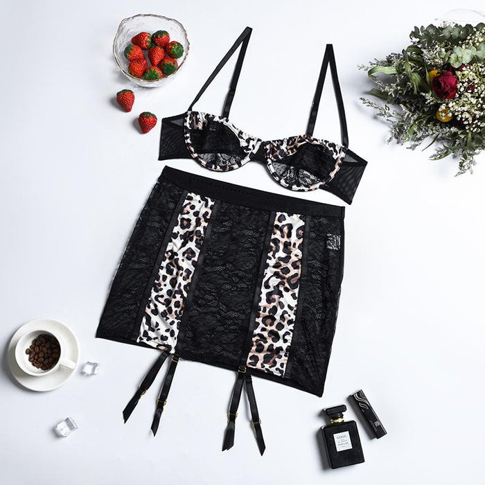 Women's Sexy Leopard Print Lace Skirt Underwear Set