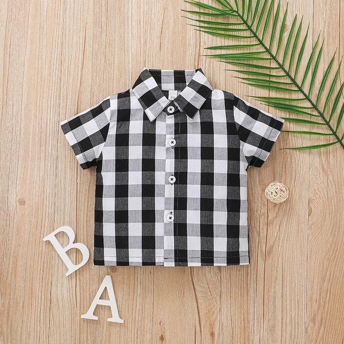 Boys' Plaid Lapel Gentlemen's Shirt & Shorts Two-piece Set