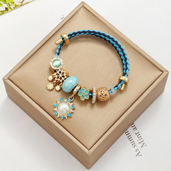 Colorblock Leather Cord Stretch Bracelet DIY Water Drop Pendant