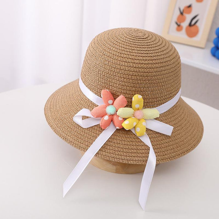 Summer Trendy Flower Streamer Children's Straw Hat Bag Set