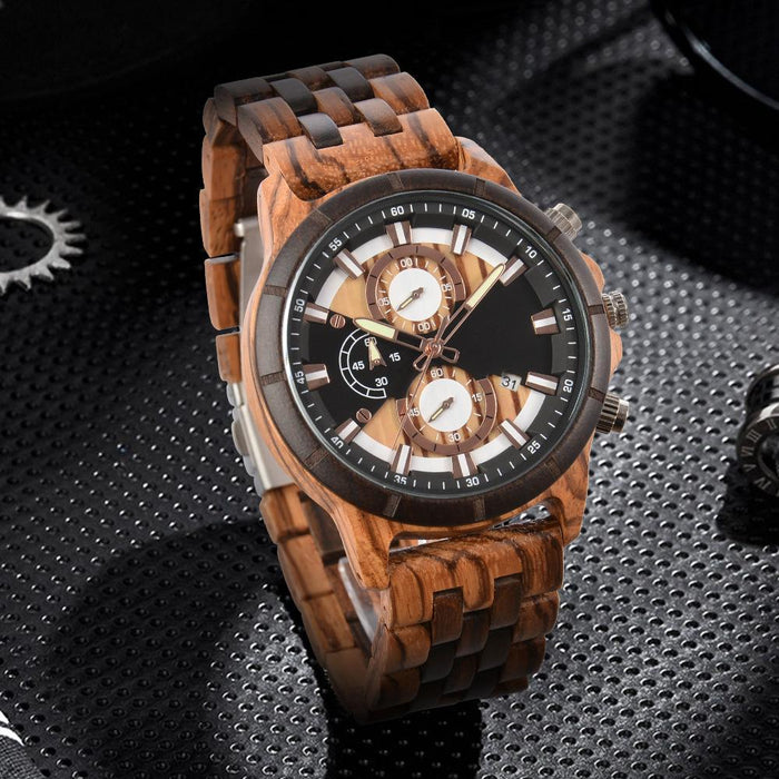 New Men's Business Multifunctional Luminous Large Dial Wooden Quartz Watch