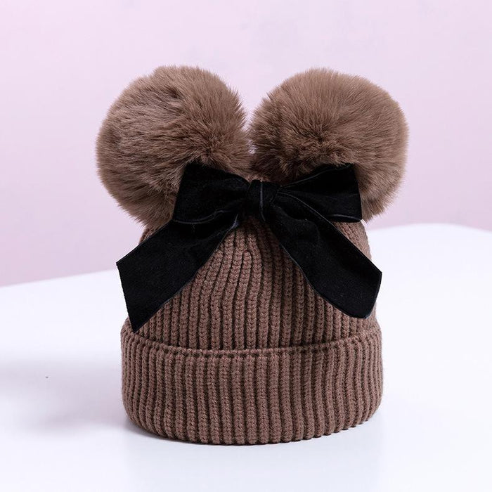 Double Plush Ball Kids Thickened Knit Bow Hat