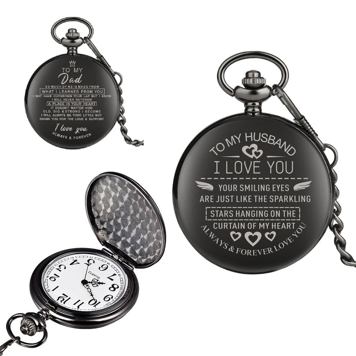 Top Unique Family Gifts Customized Greeting Words I LOVE YOU Theme Quartz Pocket Chain Watch Souvenir Gifts for Dad Mom Husband