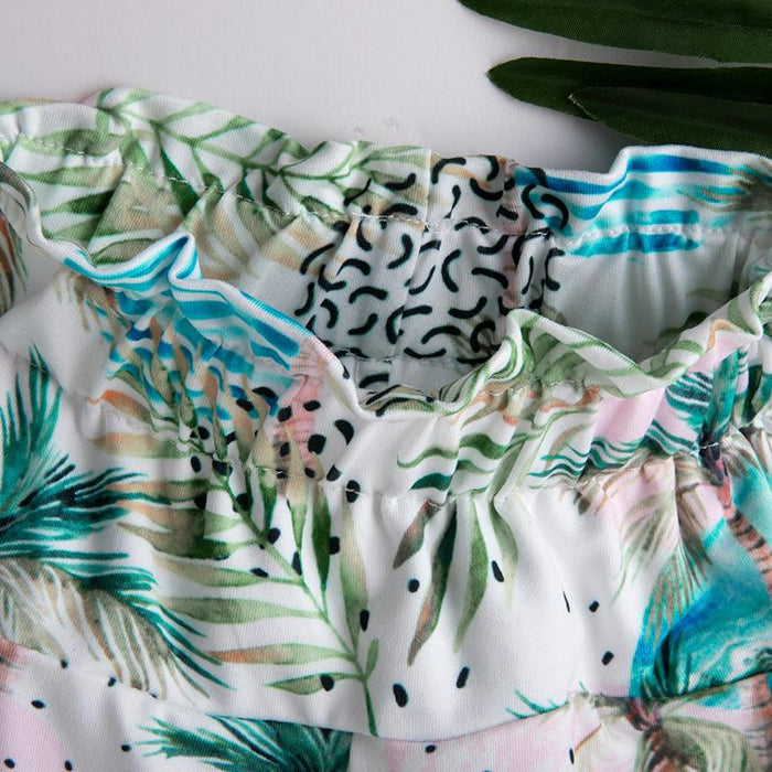 Girl's green printed coconut tree suspender two pieces