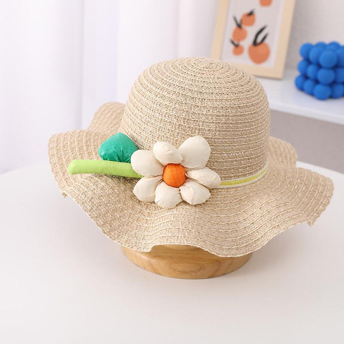 Trendy Three-dimensional Five-petal Flower Children's Wavy Straw Hat Bag Set