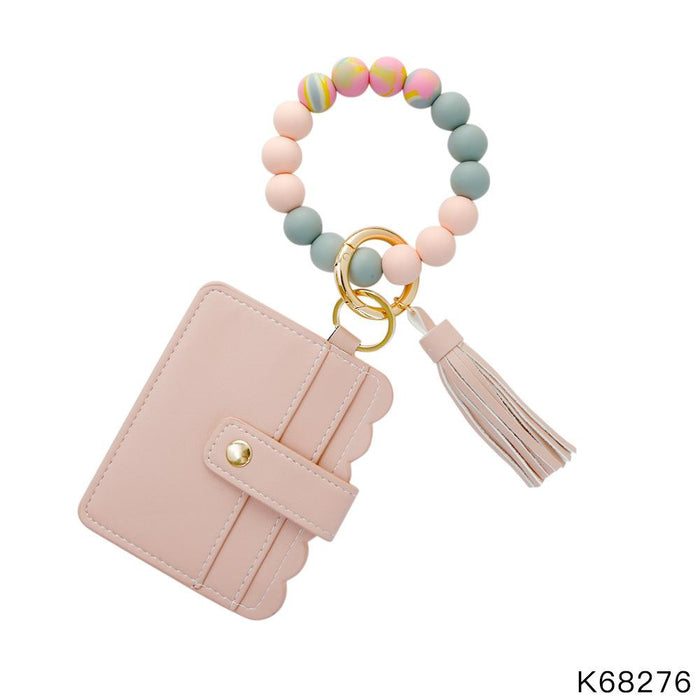 Tassel PU Leather Card Holder Silicone Bead Bracelet Keychain