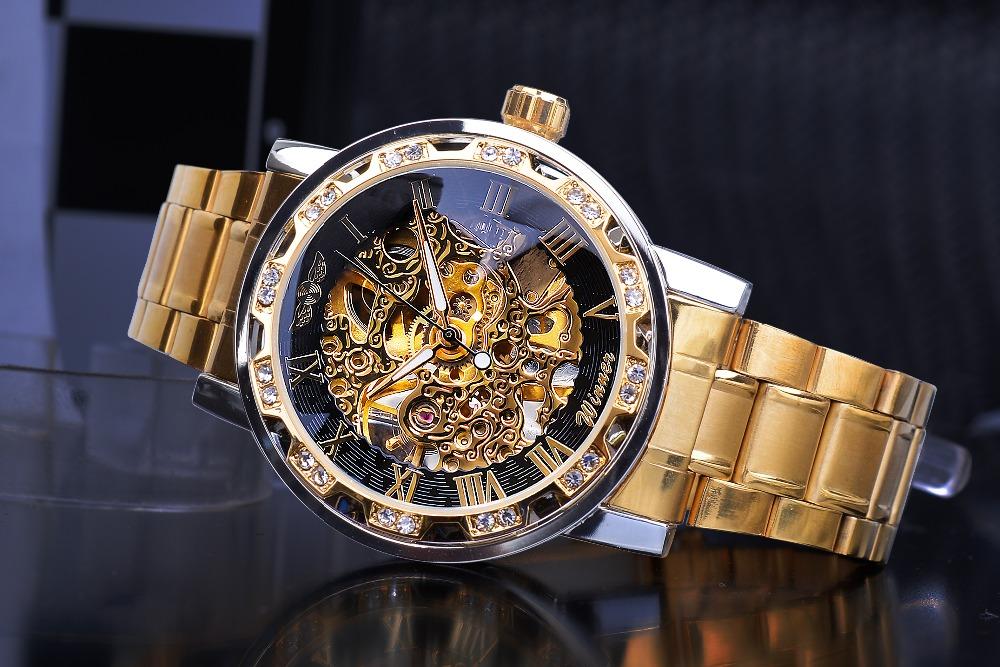 Winner Watch Men's Fashion Casual Hollow Rhinestone Manual Mechanical Watch